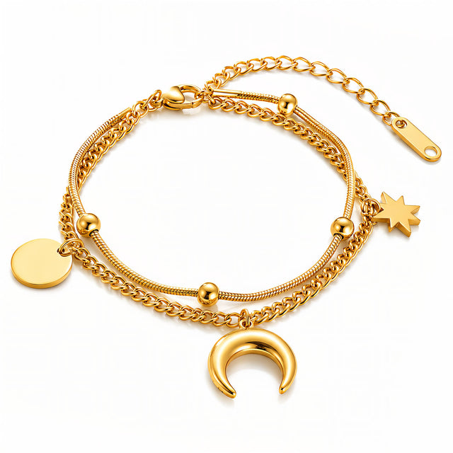 Crescent & Star Double Chain Bracelet