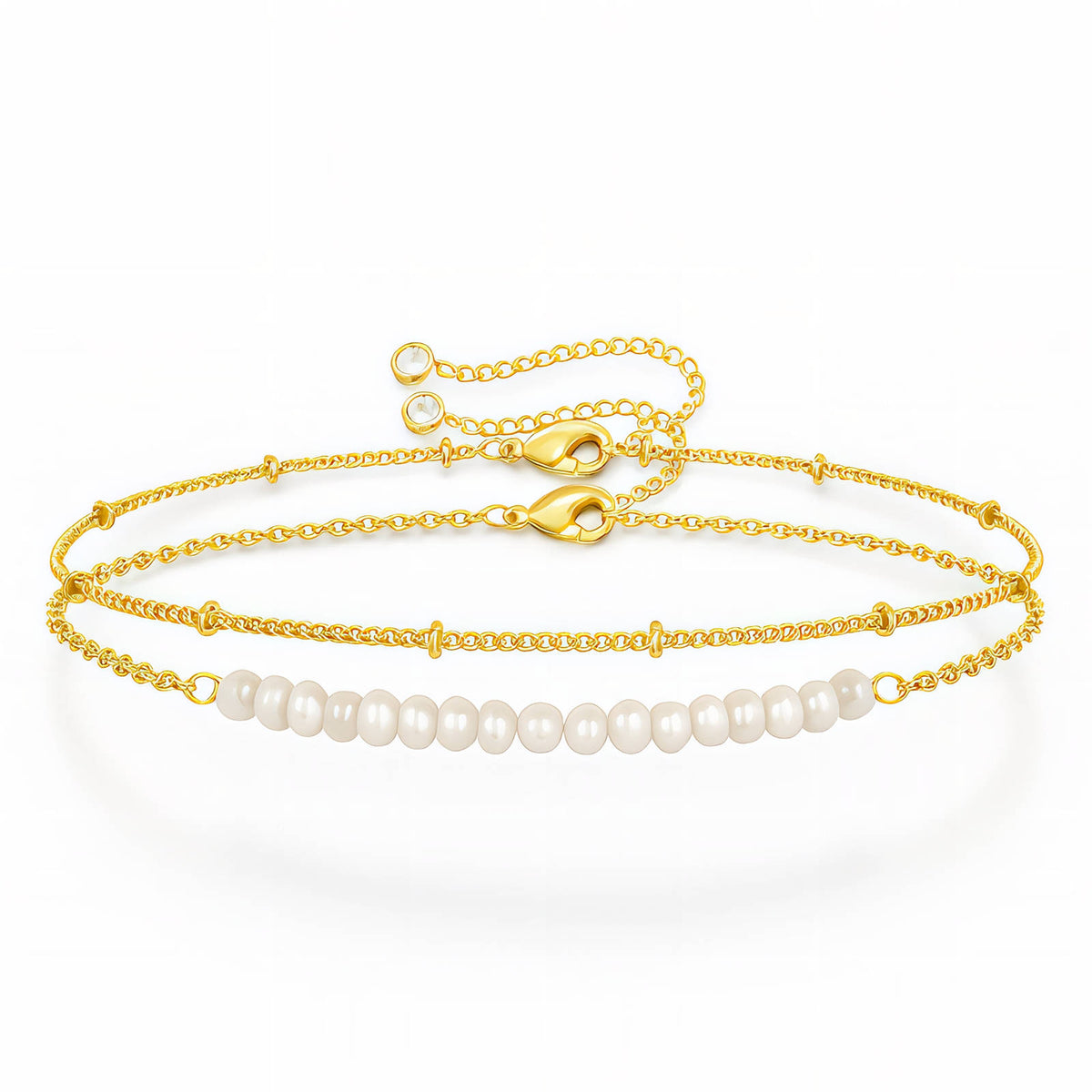 Faux Pearl Layered Bracelet: layered strands on white, gold tone