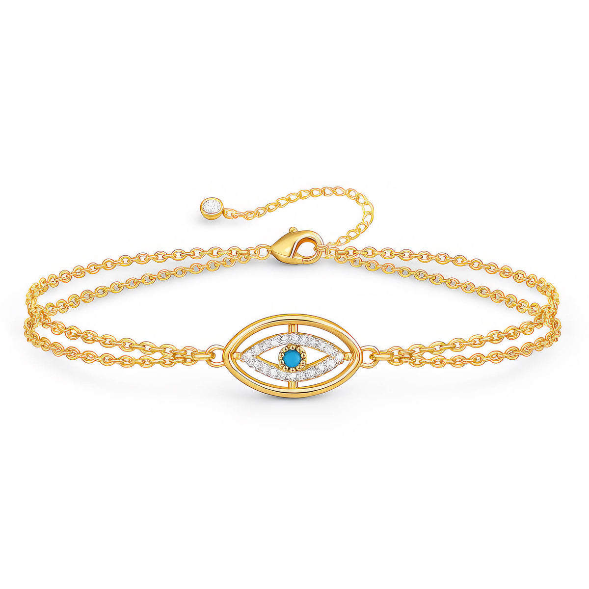 Evil Eye Double Chain Bracelet: evil-eye charm on a double chain on white, gold tone
