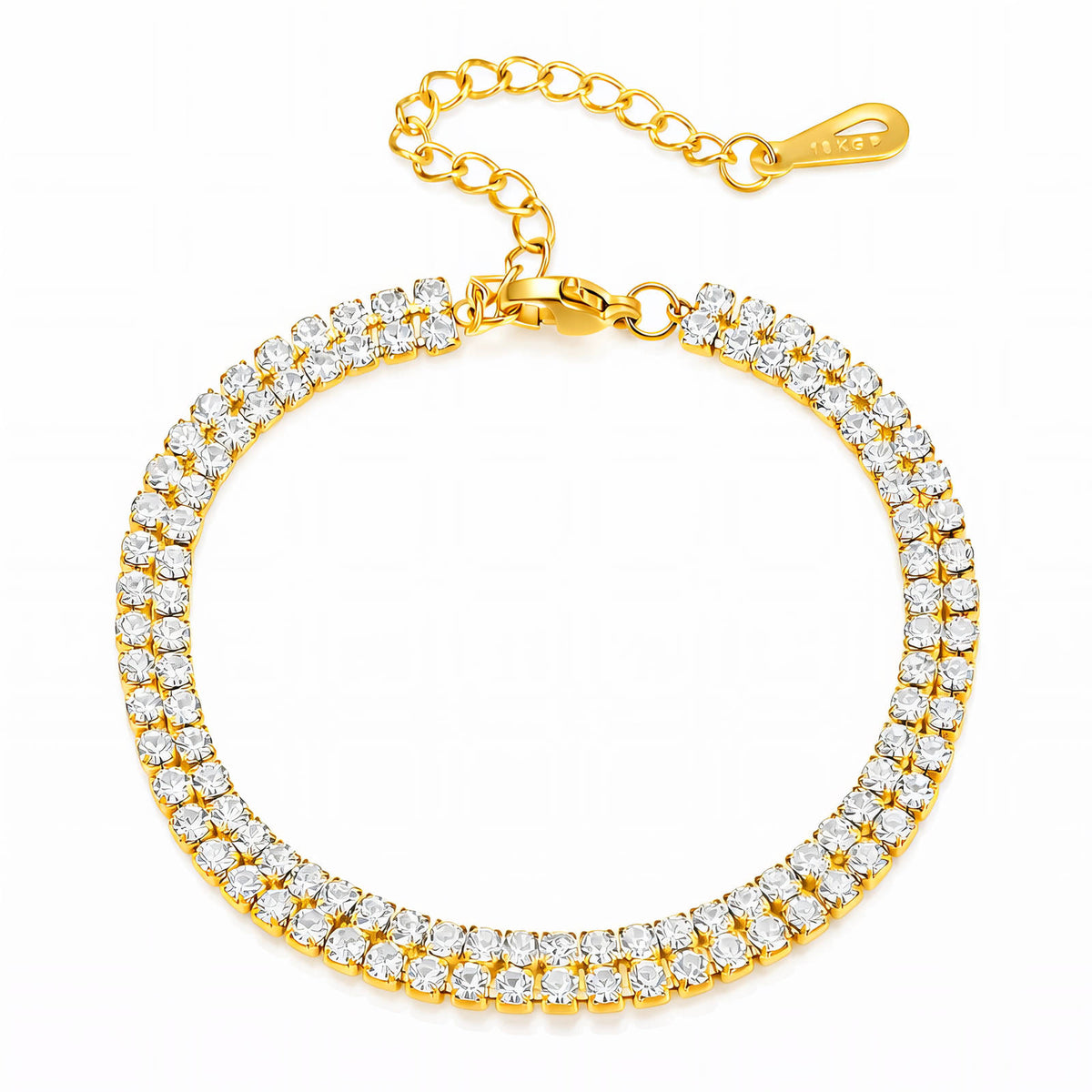 Gold-Tone Tennis Bracelet: two rows of round stones with extender chain on white, gold-tone