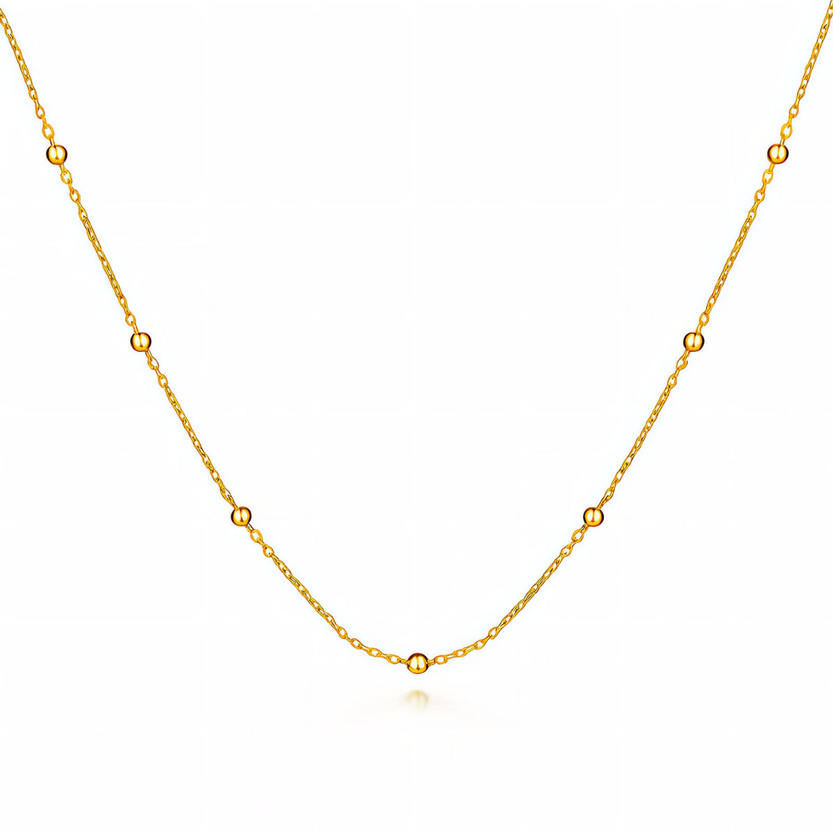 Dainty Beaded Satellite Chain: the full chain on white, gold-tone