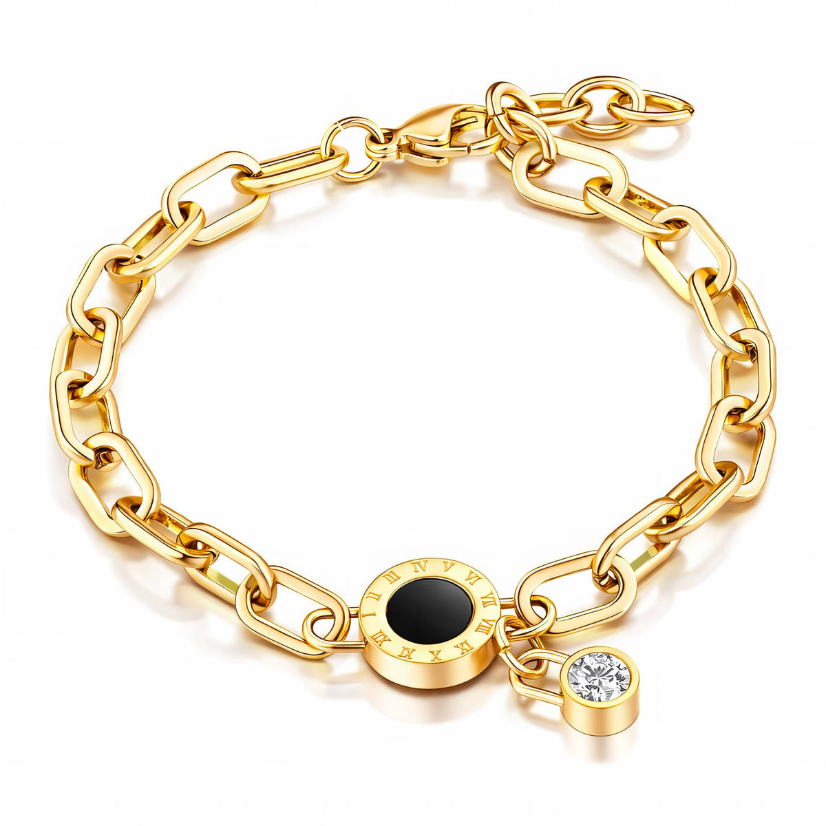 Black Disc Chunky Link Bracelet: paperclip links with Roman numeral disc on white, gold tone