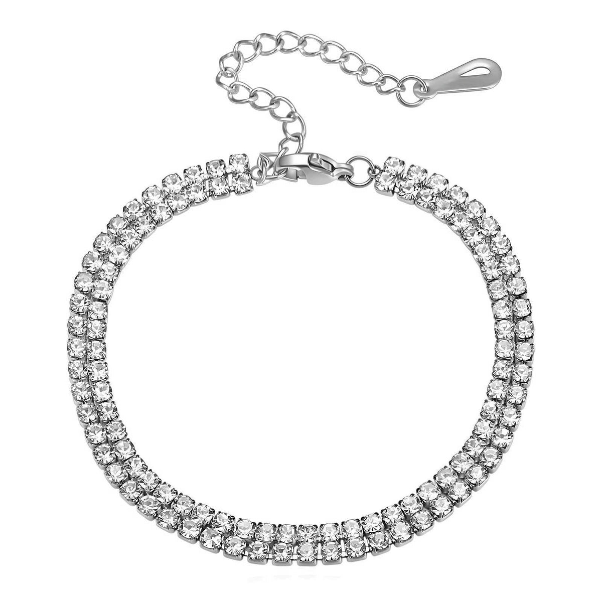 Silver-Tone Tennis Bracelet: two rows of round stones with extender chain on white, silver-tone