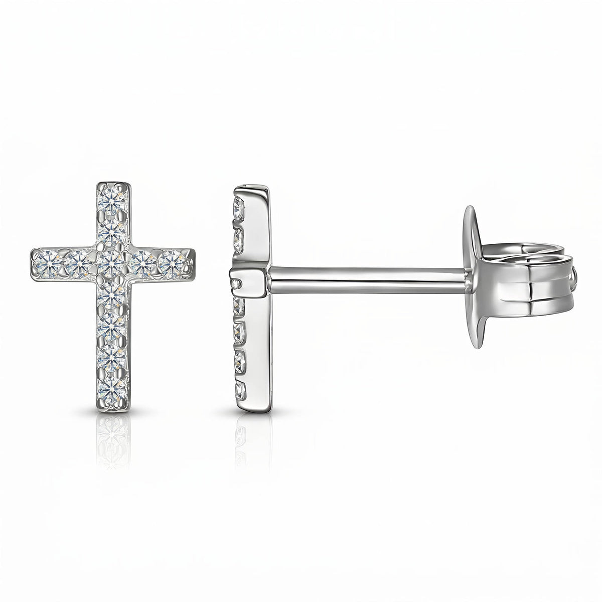 Silver-Tone Pavé Cross Studs: front and side view on white, silver-tone
