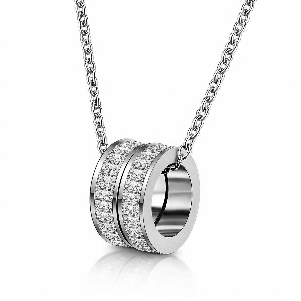 Silver-Tone Barrel Necklace: pavé barrel pendant on a chain, on white, silver-tone