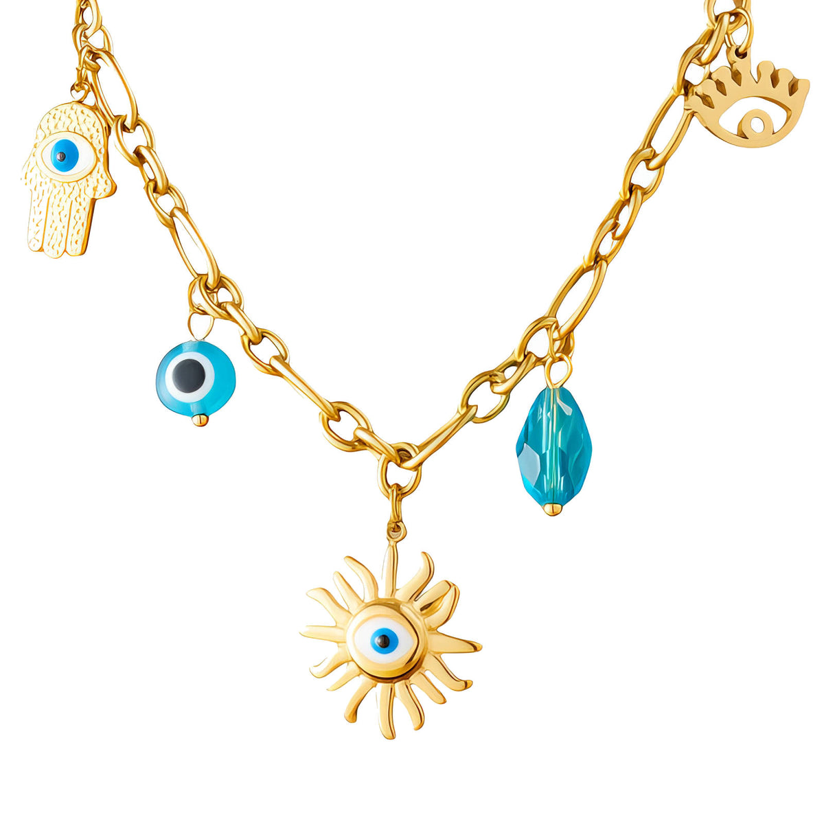 Evil Eye Charm Necklace: close-up of the hamsa and evil-eye charms on white, gold tone