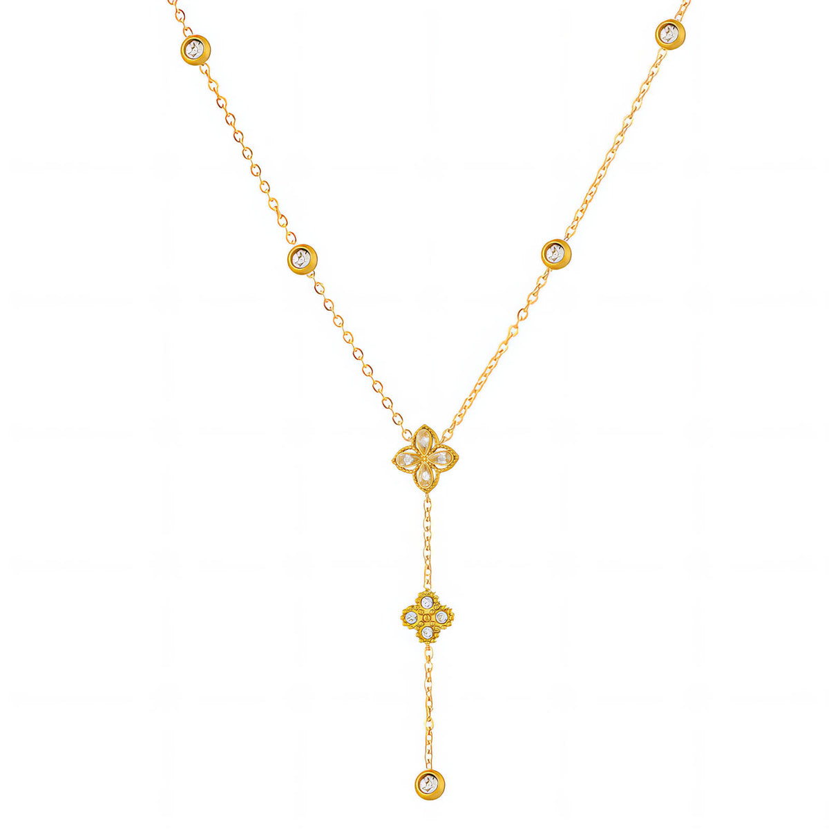 Flower Lariat Necklace: the whole lariat on white, gold tone