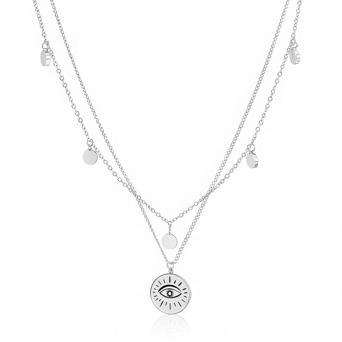 Silver-Tone Evil Eye Necklace: two layered chains with an evil eye coin pendant on white, silver-tone