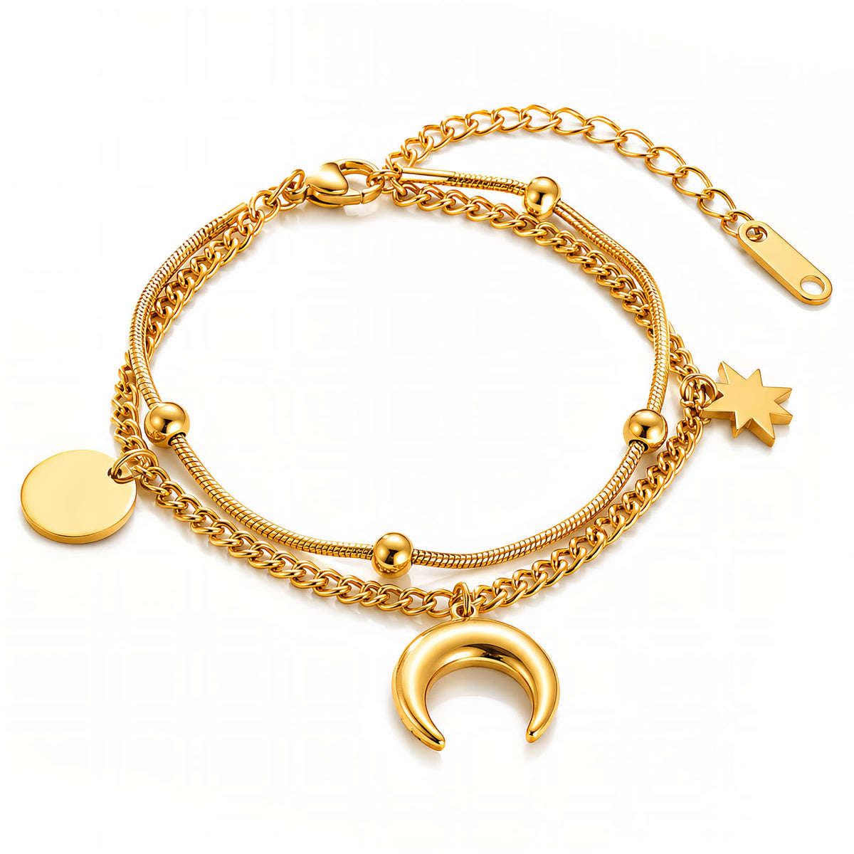 Crescent & Star Double Chain Bracelet