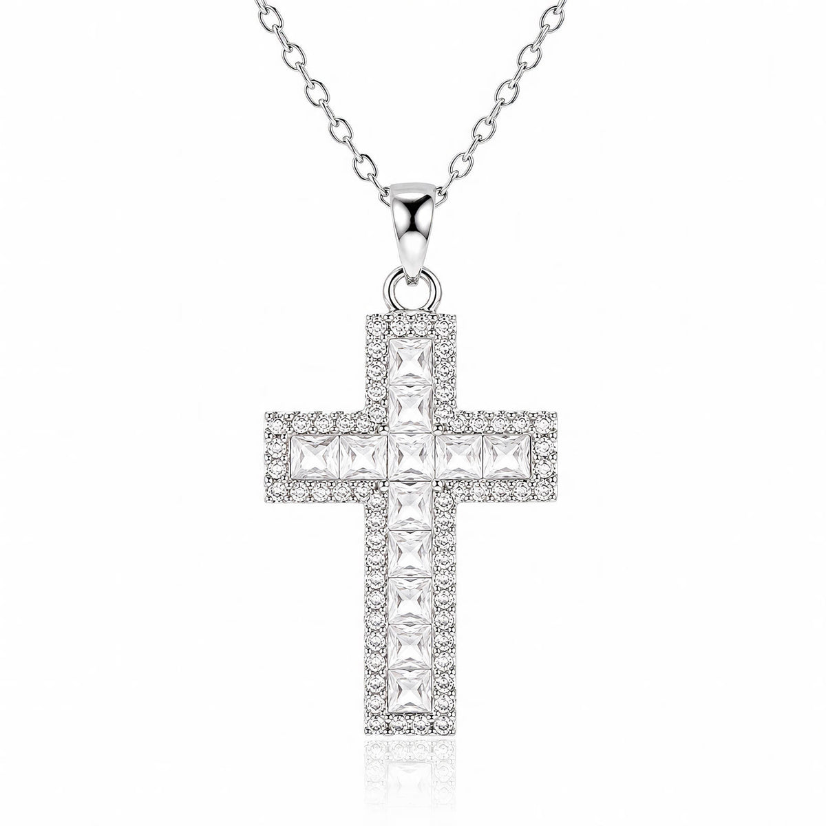Silver-Tone Cross Necklace: pavé cross pendant on a fine chain, on white, silver-tone