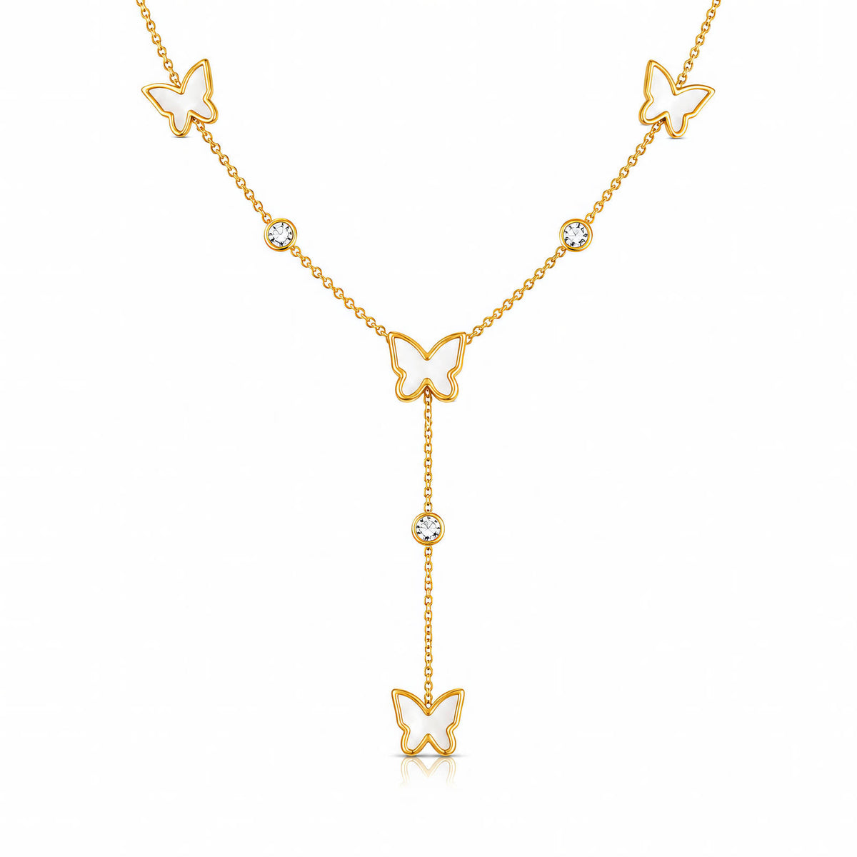 Butterfly Lariat Necklace: the full lariat on white, gold-tone