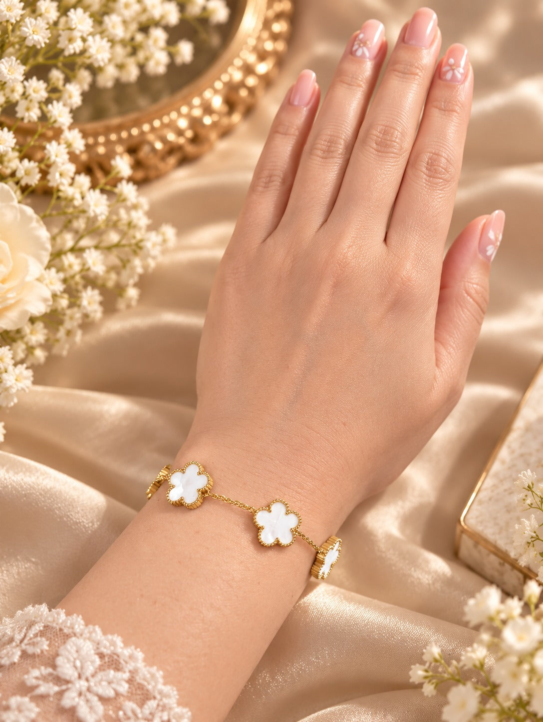 Black & White Flower Station Bracelet, worn on the wrist
