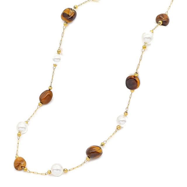 Brown Stone & Faux Pearl Station Necklace