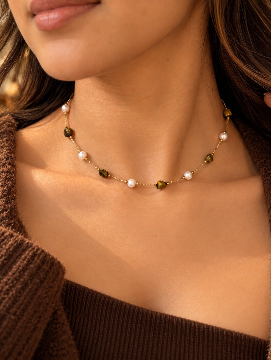 Brown Stone & Faux Pearl Station Necklace, worn at the neckline