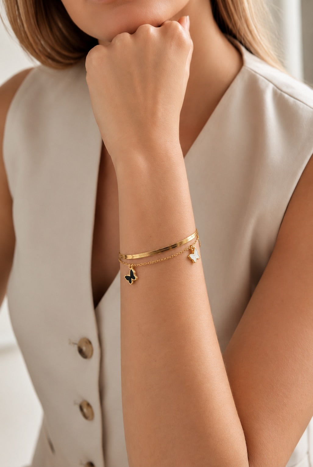 Butterfly Layered Charm Bracelet, worn on the wrist