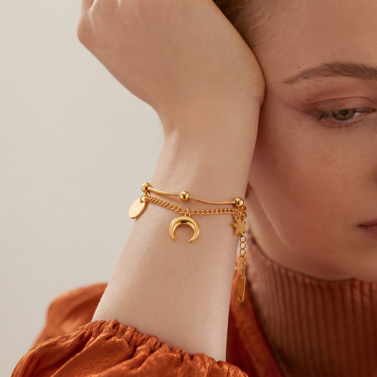 Crescent & Star Double Chain Bracelet, worn on the wrist