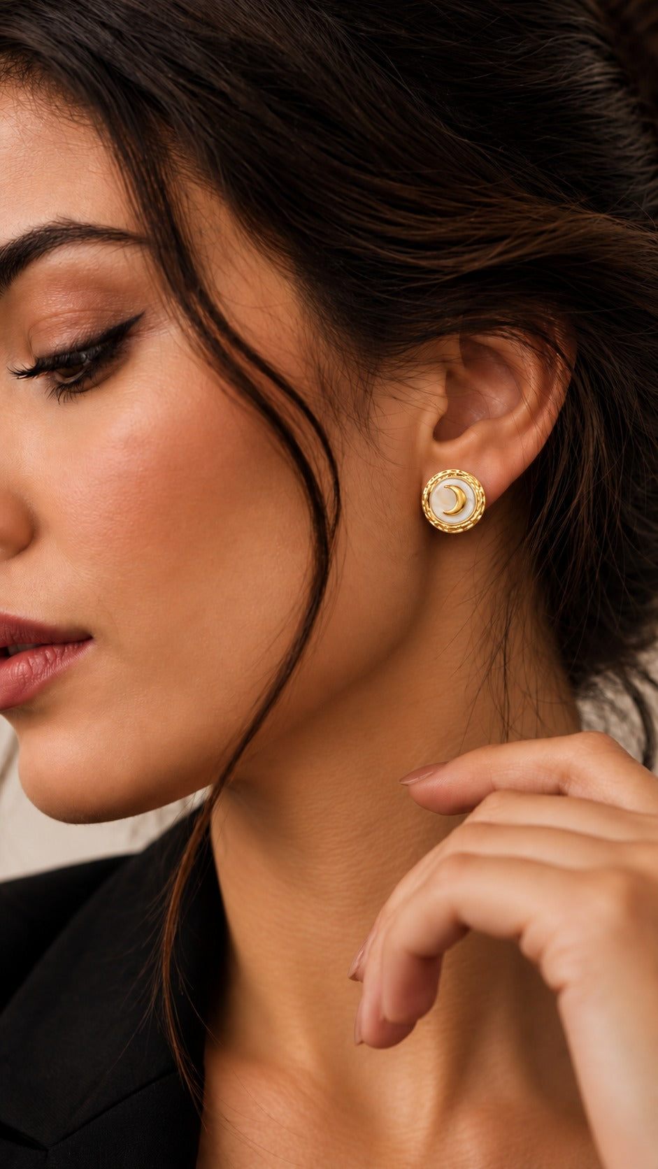Crescent Moon Button Studs, worn on the ear