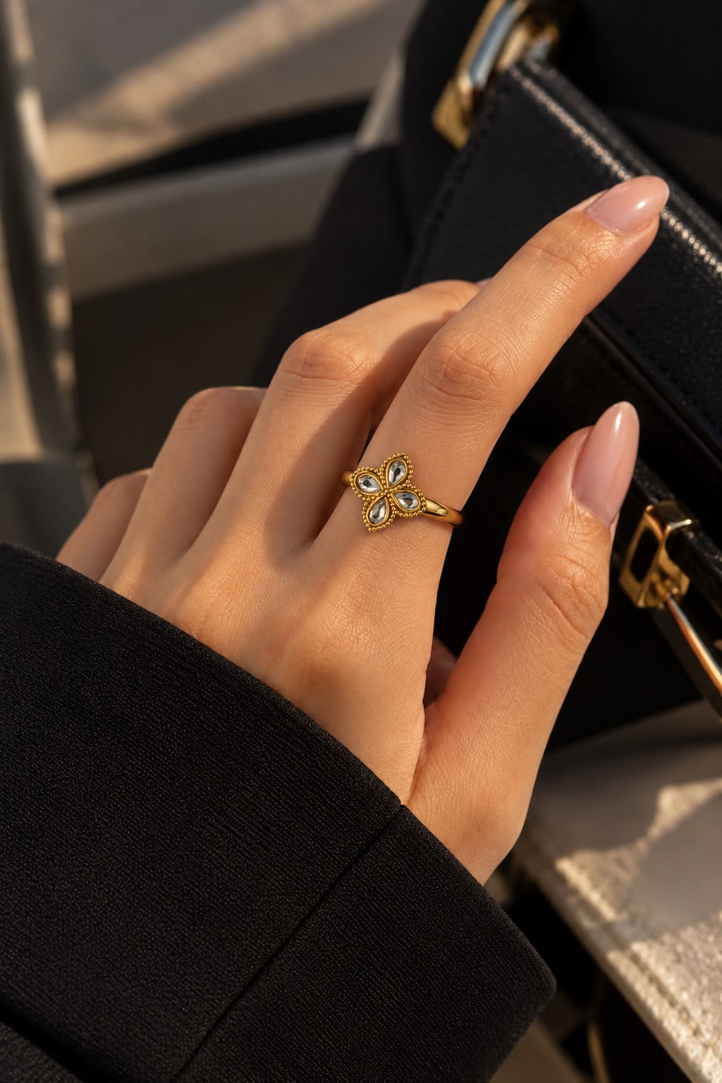 Crystal Clover Ring, worn on the hand
