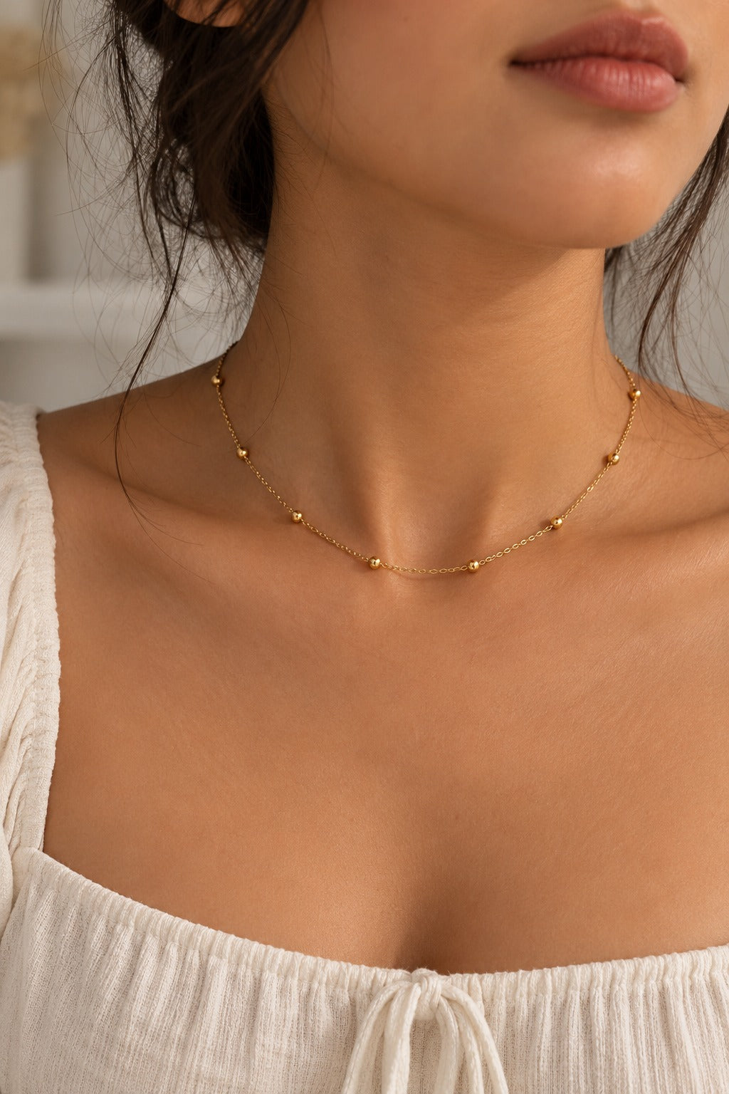 Dainty Beaded Satellite Chain, worn at the neckline
