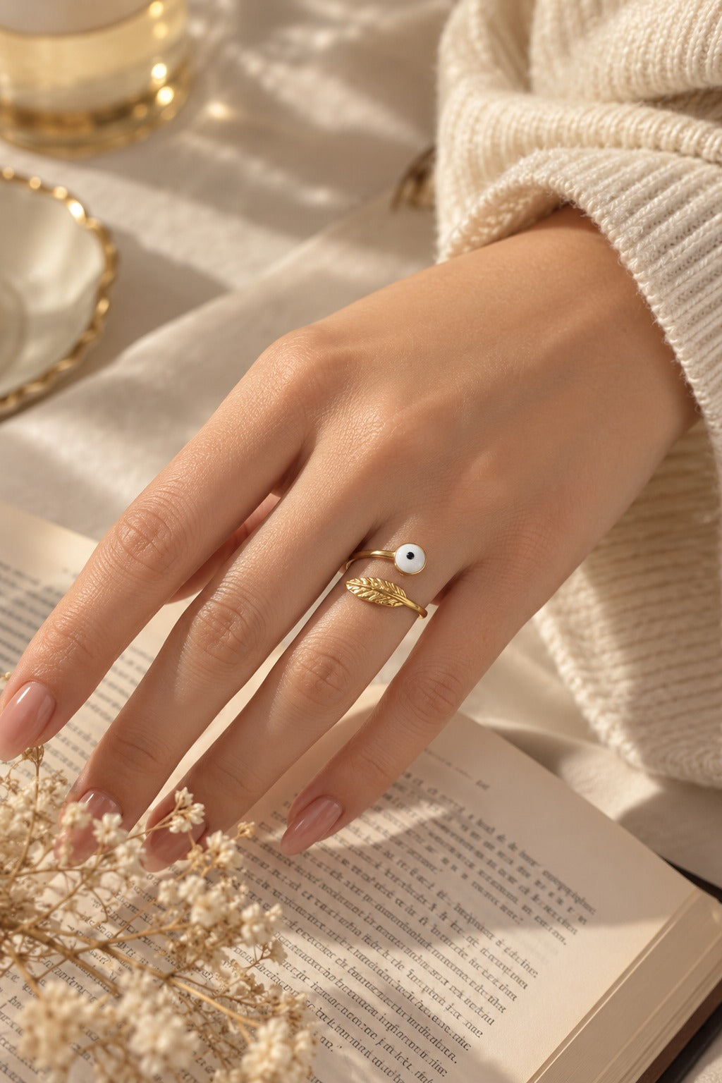 Evil Eye & Leaf Wrap Ring, worn on the hand