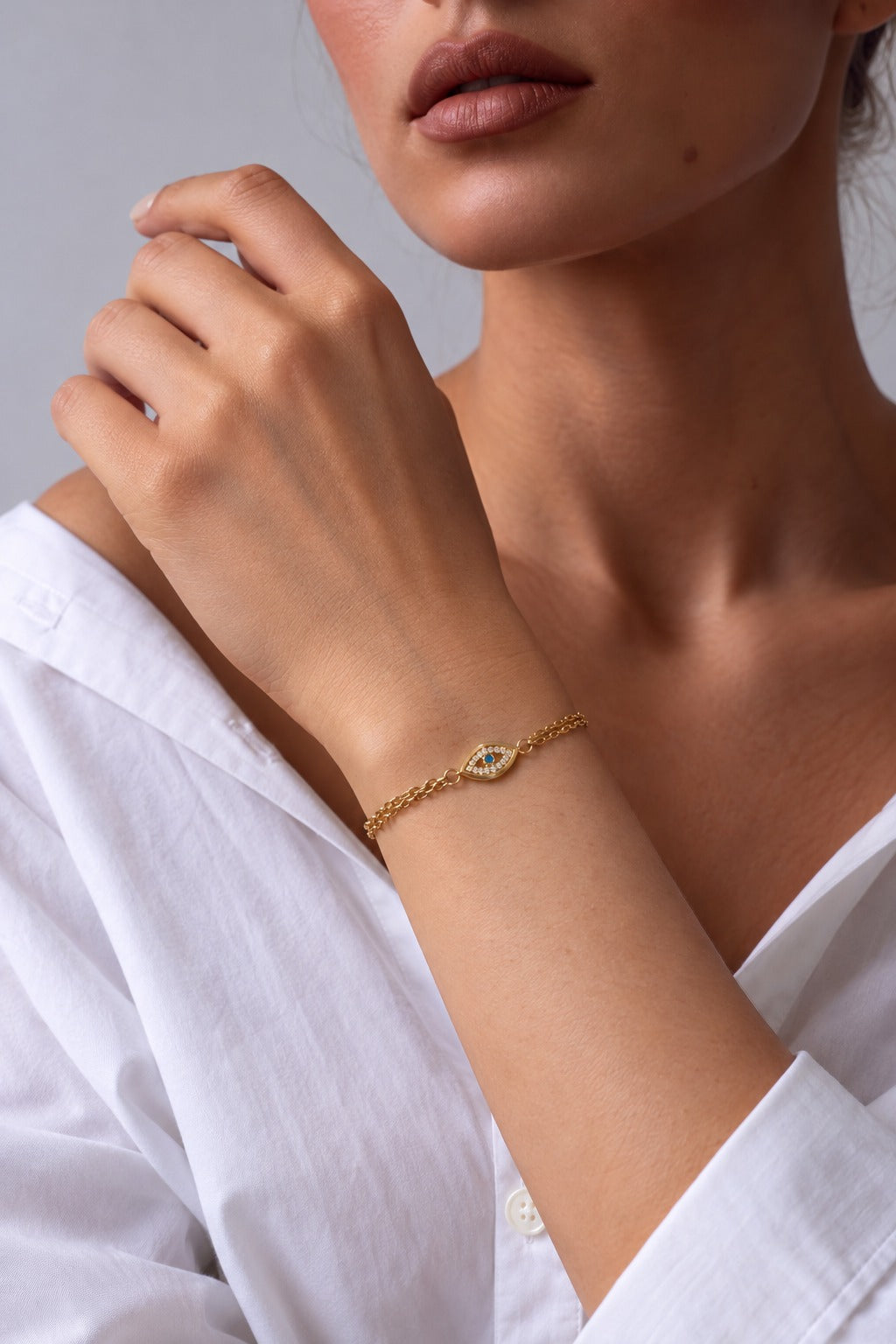 Evil Eye Double Chain Bracelet, worn on the wrist