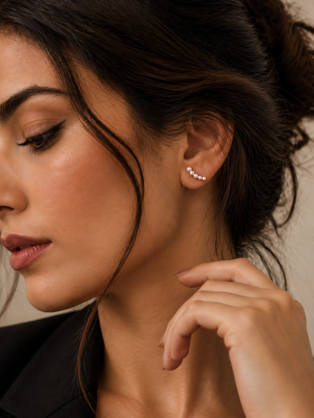 Faux Pearl Climber Studs, worn on the ear