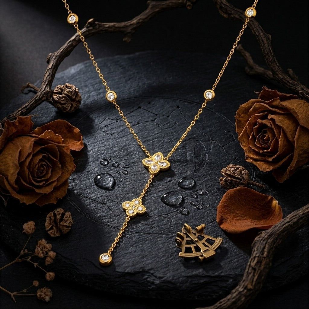 Gold-tone flower lariat necklace on dark slate with dried roses