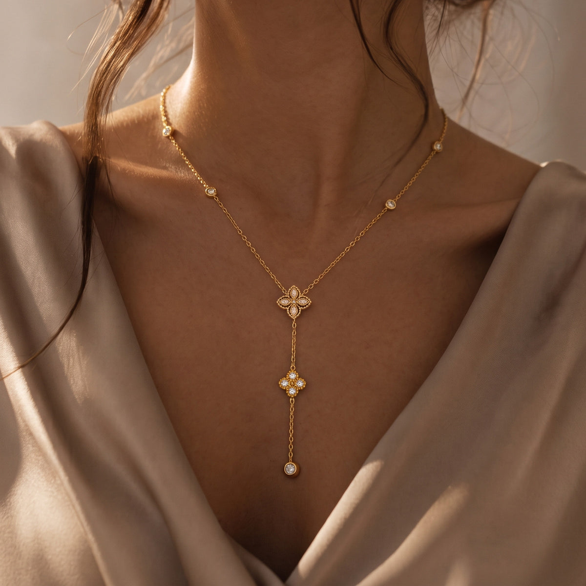 Flower Lariat Necklace, worn