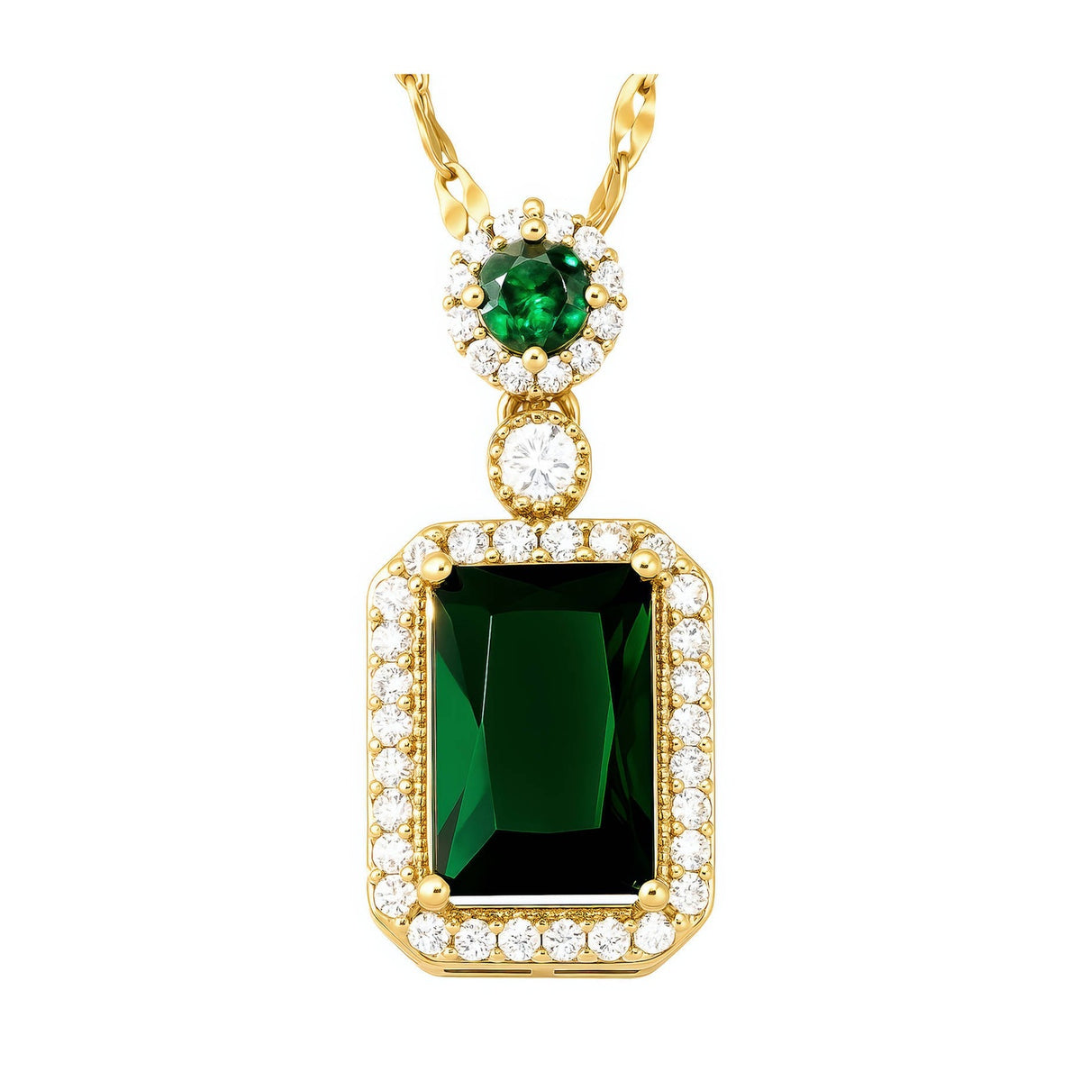 Green Crystal Halo Pendant Necklace: close-up of the green stones and crystal halos on white, gold tone