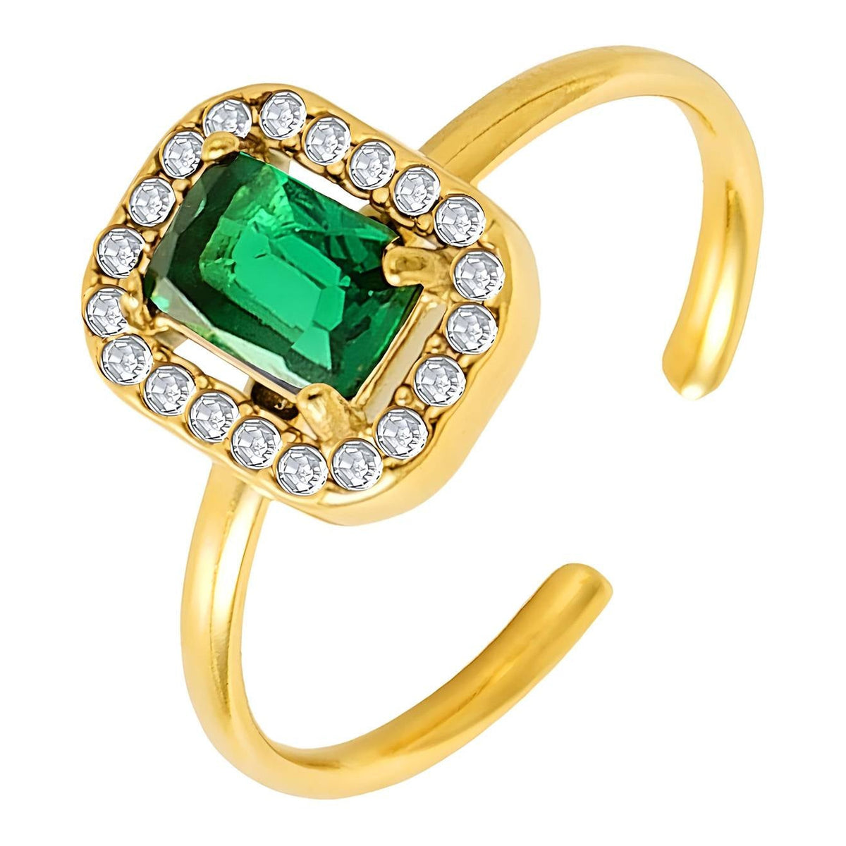 Green Crystal Halo Ring: rectangular green stone framed by clear stones on an open gold-tone band, on white