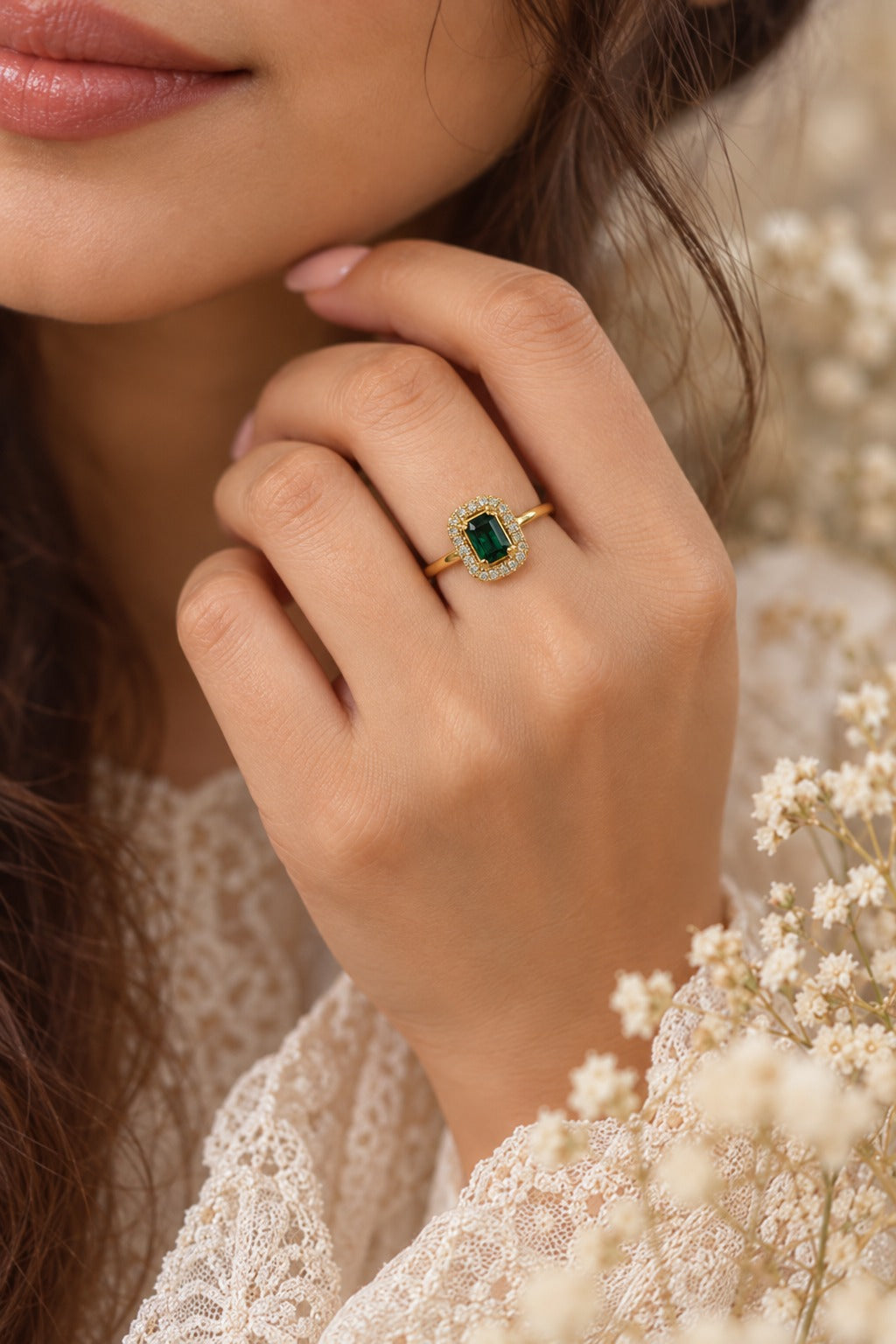 Green Crystal Halo Ring, worn on the hand