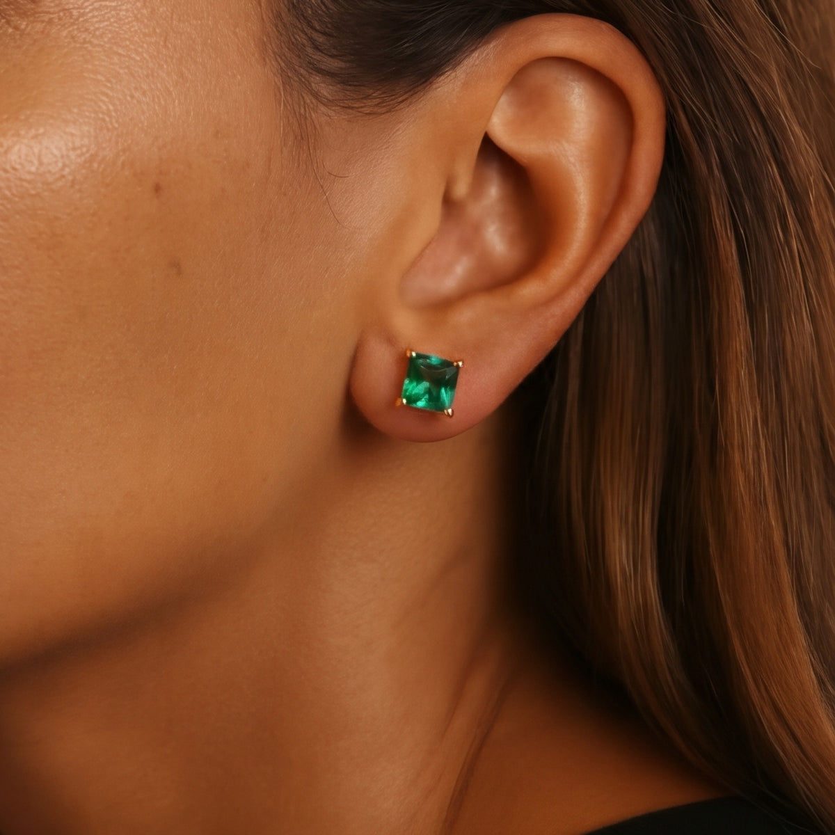 Green Crystal Square Studs, worn