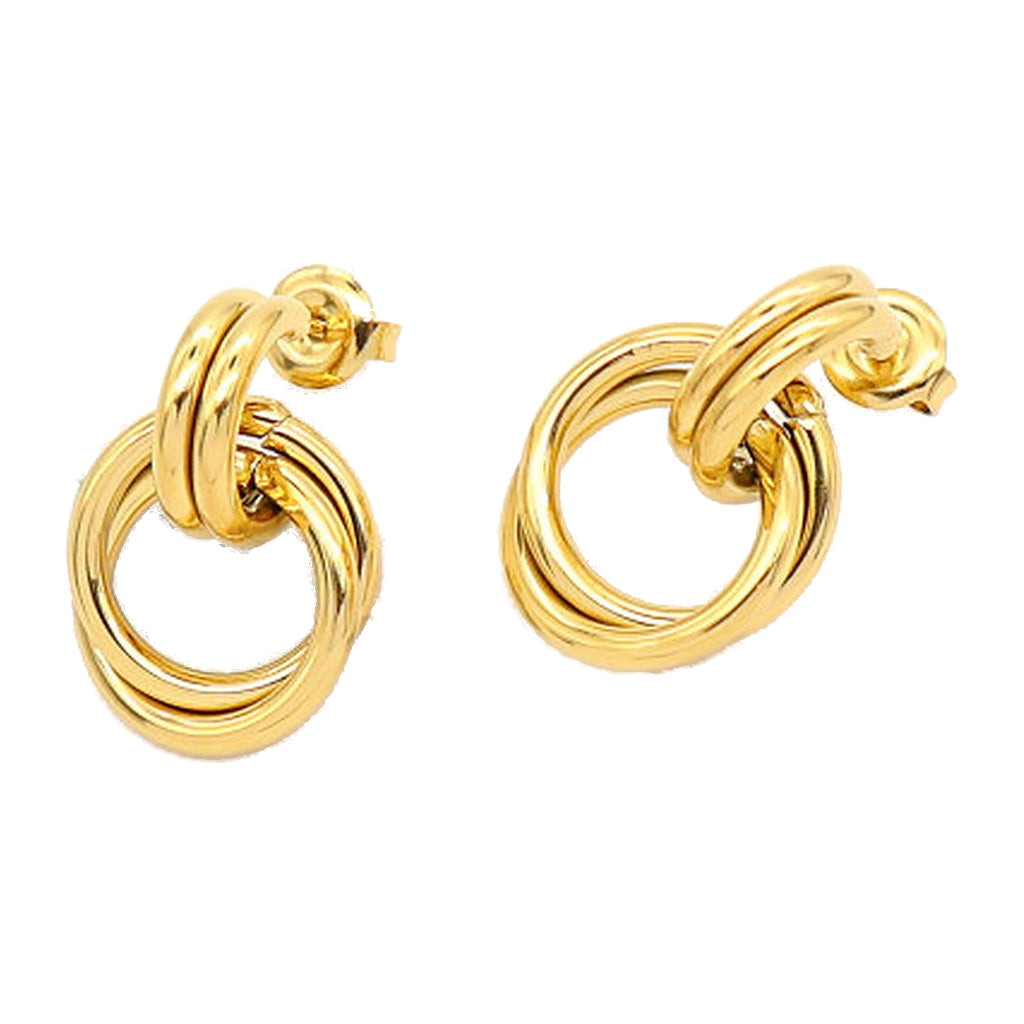 Interlocking Loop Studs: a pair of linked gold-tone loop earrings on white