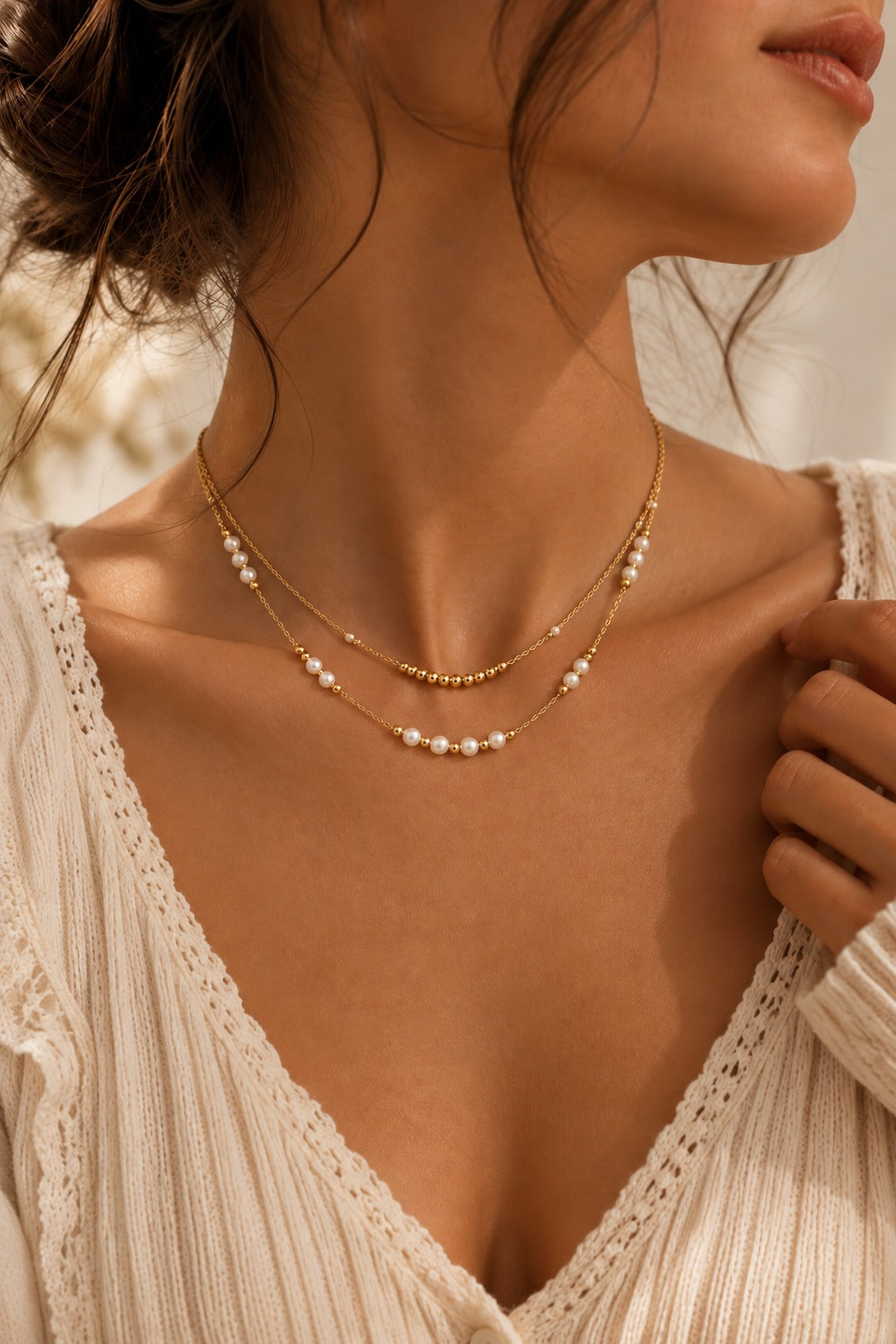 Layered Faux Pearl & Bead Necklace, worn at the neckline