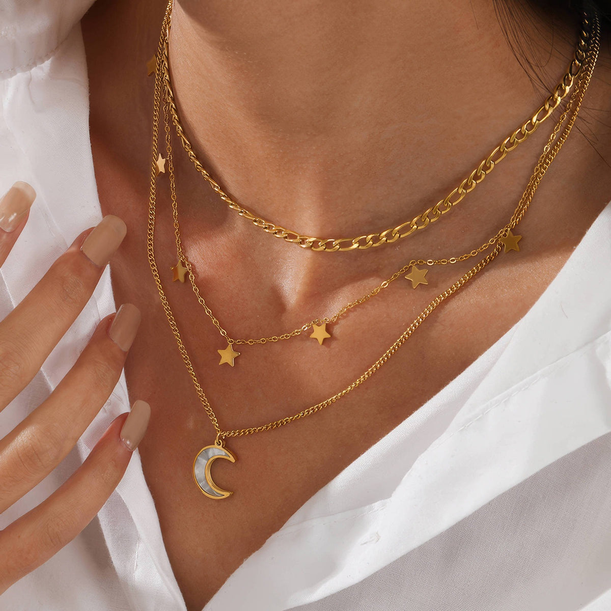 Moon & Stars Layered Necklace, worn at the neckline