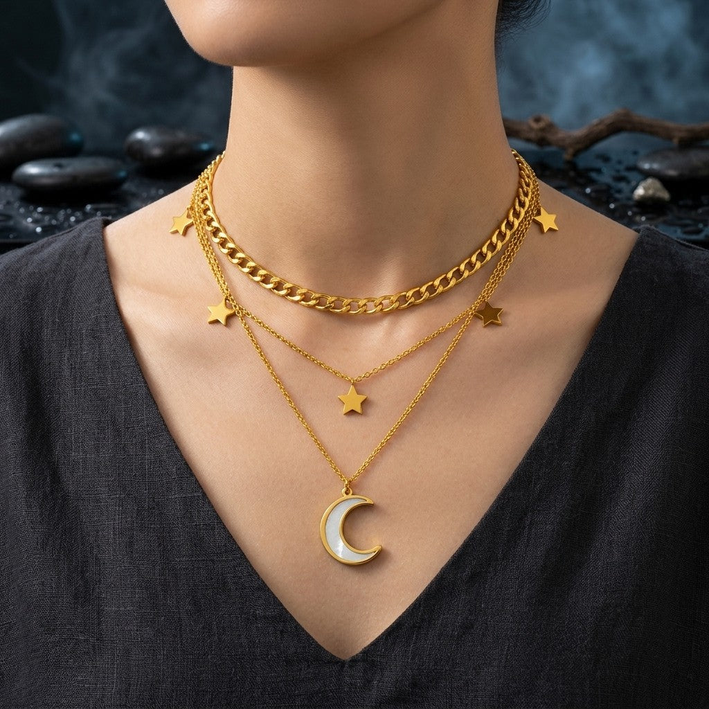 Moon & Stars Layered Necklace worn at the neckline
