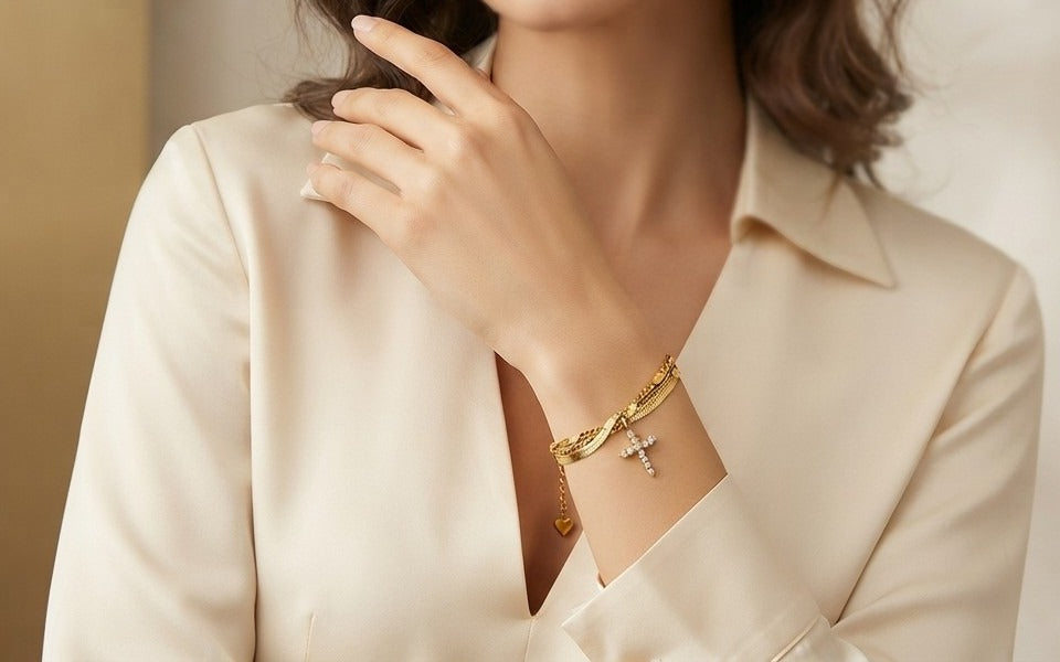 Pavé Cross Double Chain Bracelet, worn