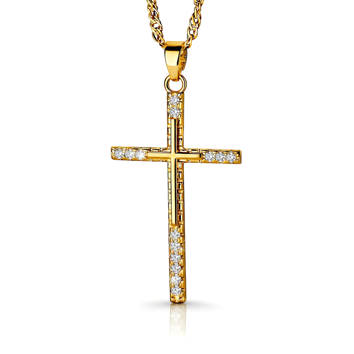 Gold-Tone Cross Necklace: gold-tone cross pendant set with clear stones, on a twisted chain, on white