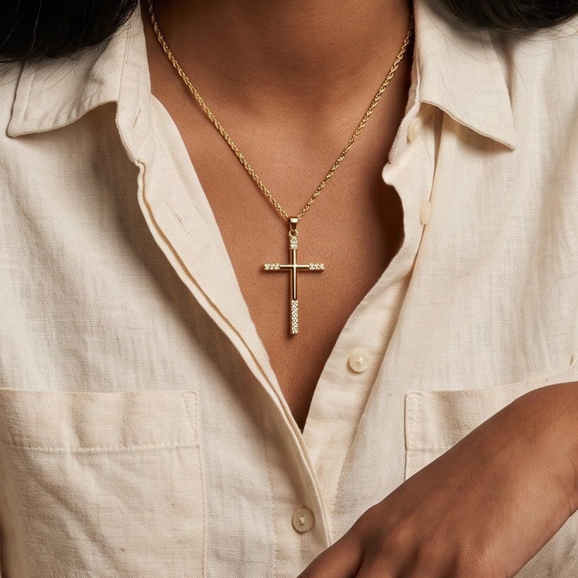 Gold-Tone Cross Necklace, worn