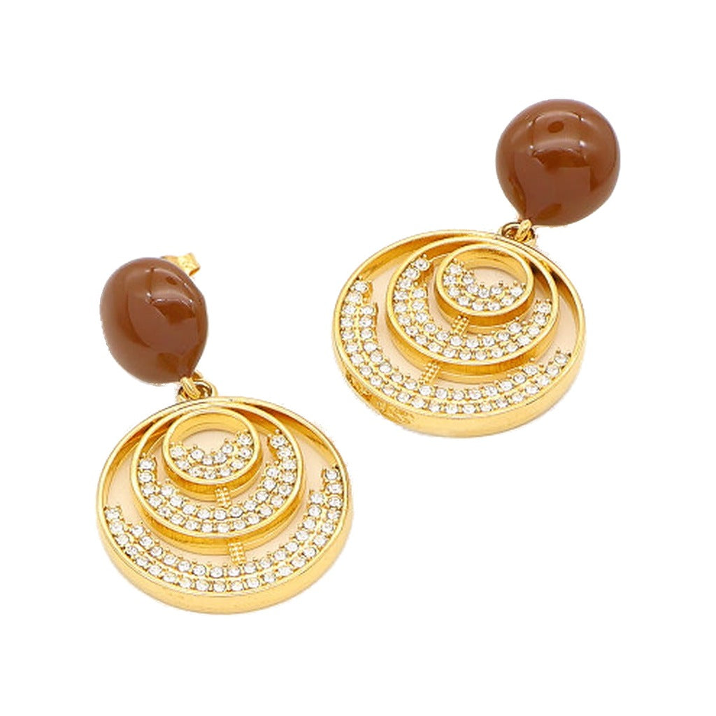 Pavé Ripple Disc Drop Earrings: gold-tone pavé ripple discs with brown drops, on white
