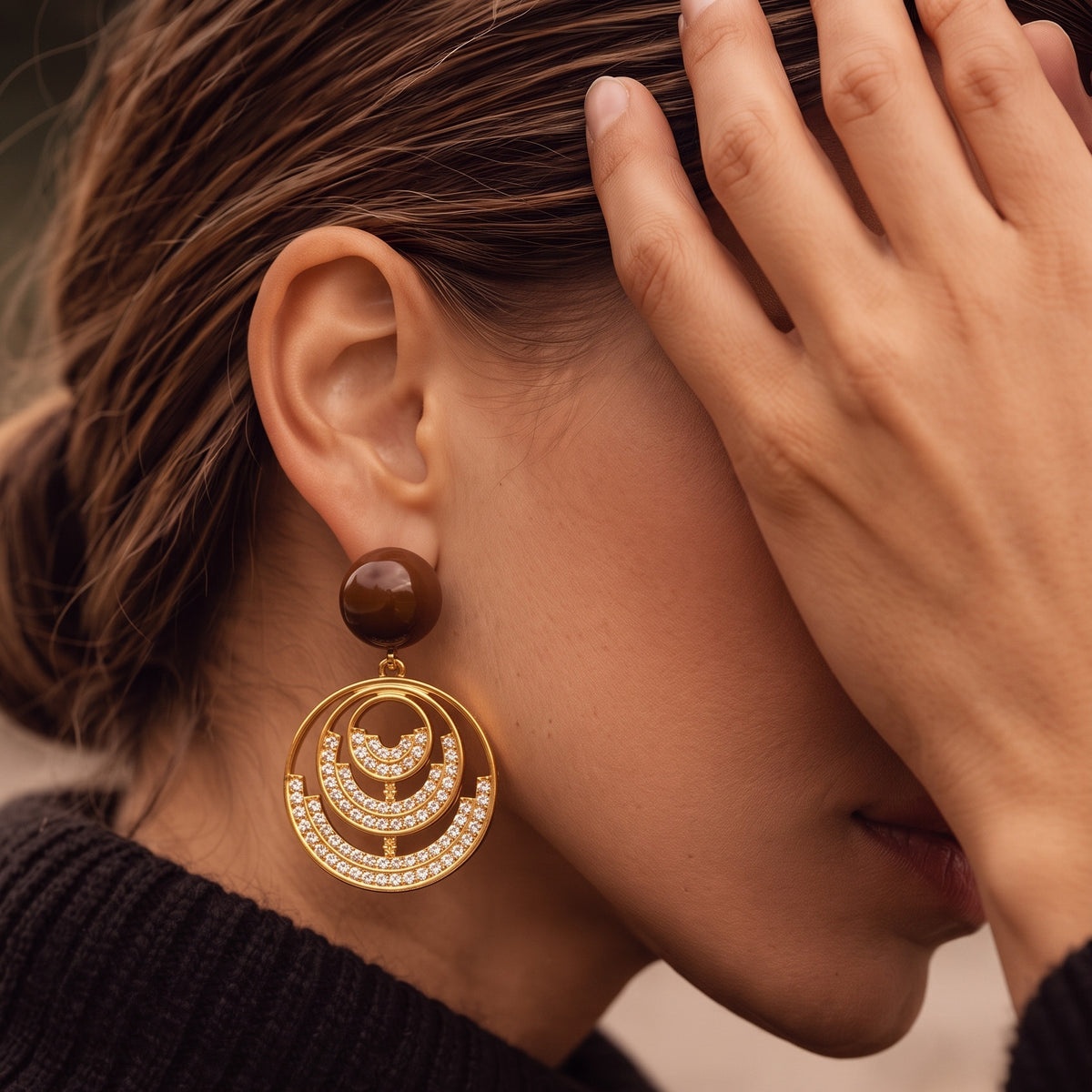 Pavé Ripple Disc Drop Earrings, worn