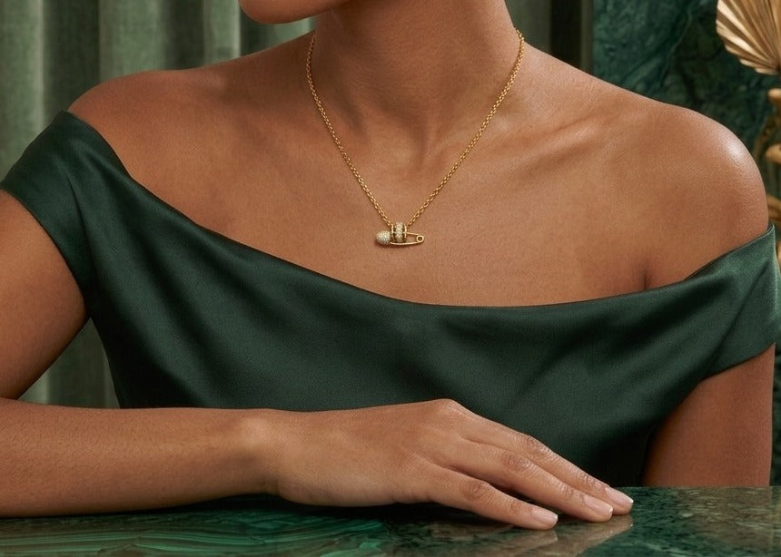 Pavé Safety Pin Pendant Necklace, worn