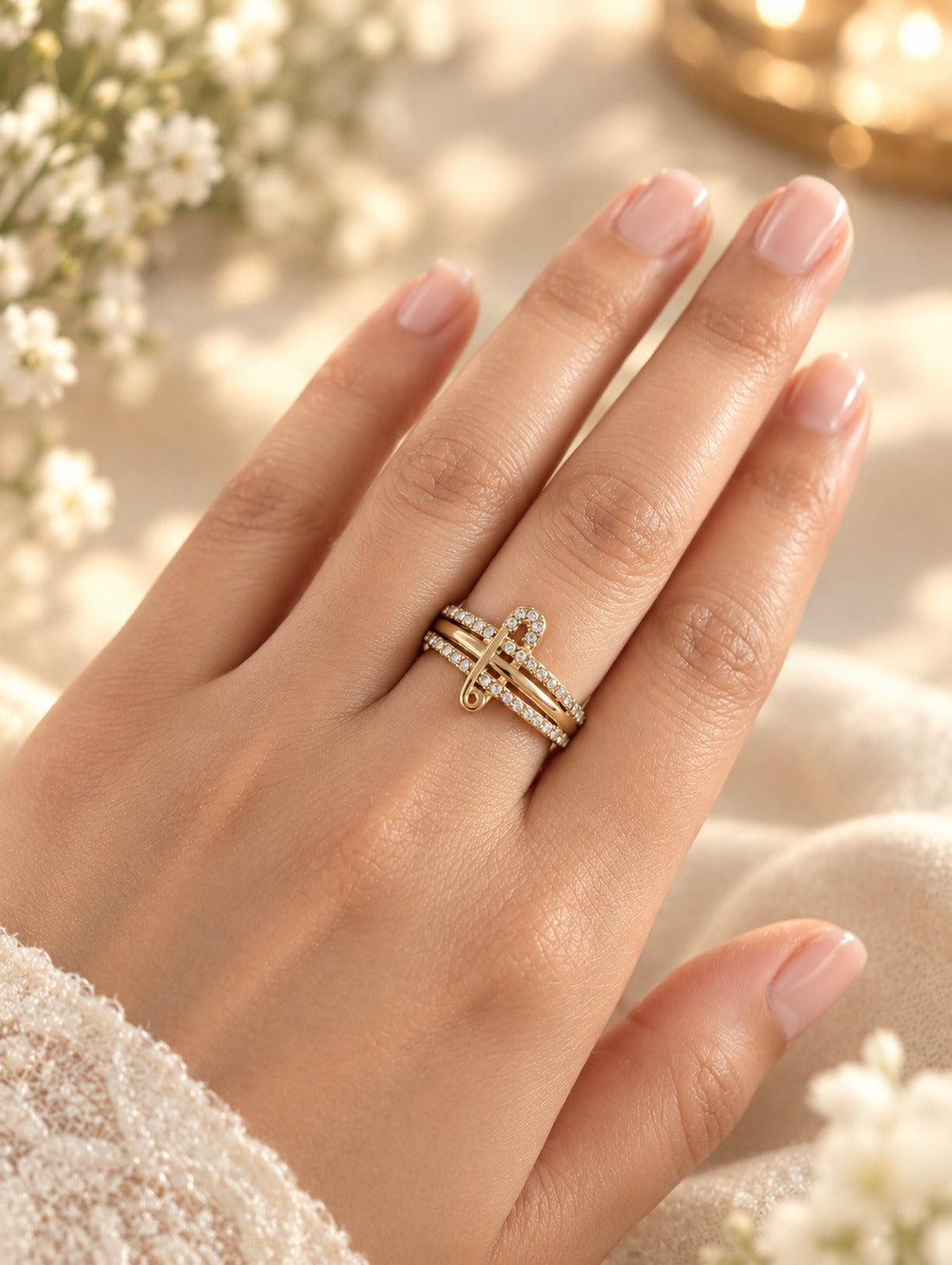 Pavé Safety Pin Stack Ring, worn on the hand