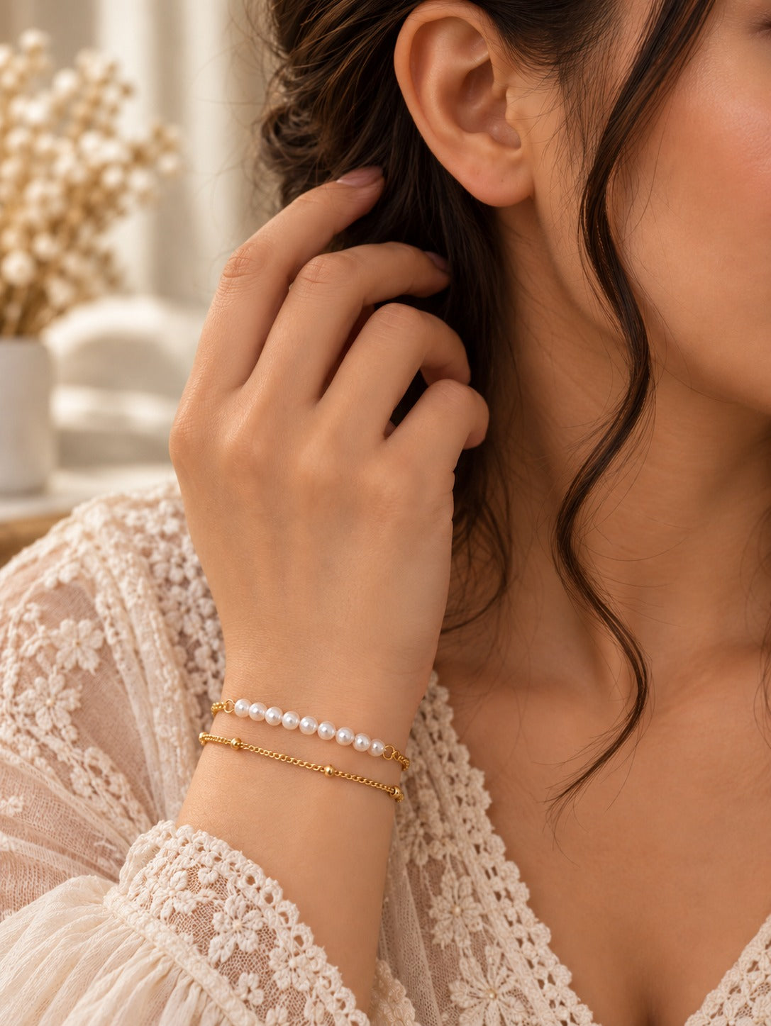 Faux Pearl Layered Bracelet, worn on the wrist