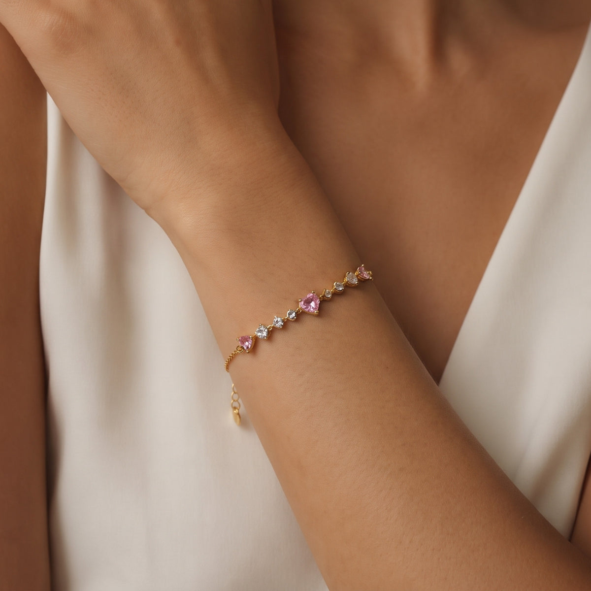 Pink Heart Crystal Bracelet, worn