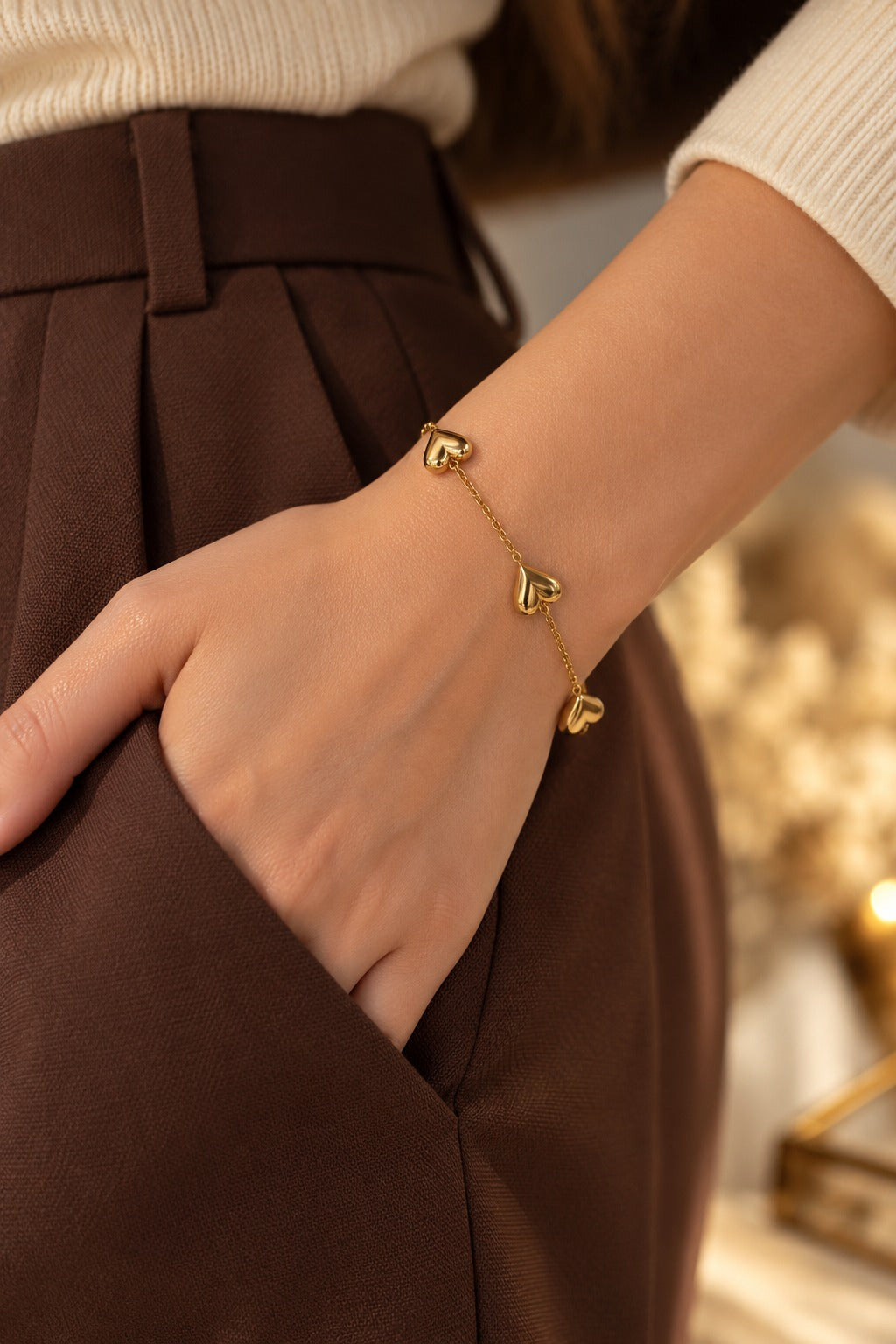 Puffed Heart Station Bracelet, worn on the wrist