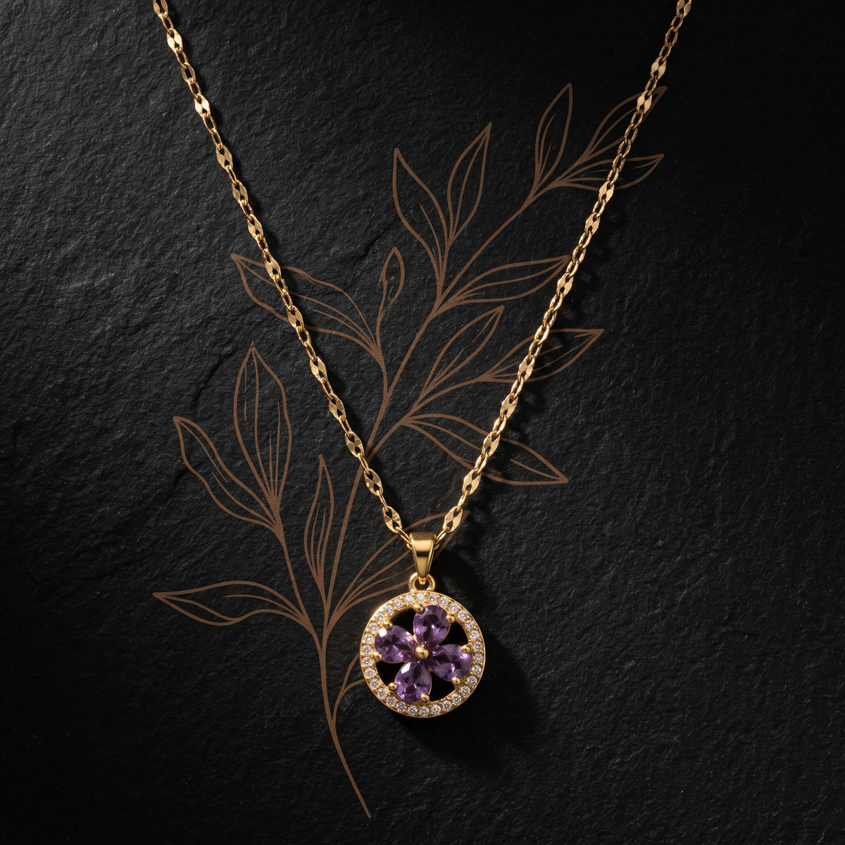 Purple flower halo pendant necklace, styled flat lay