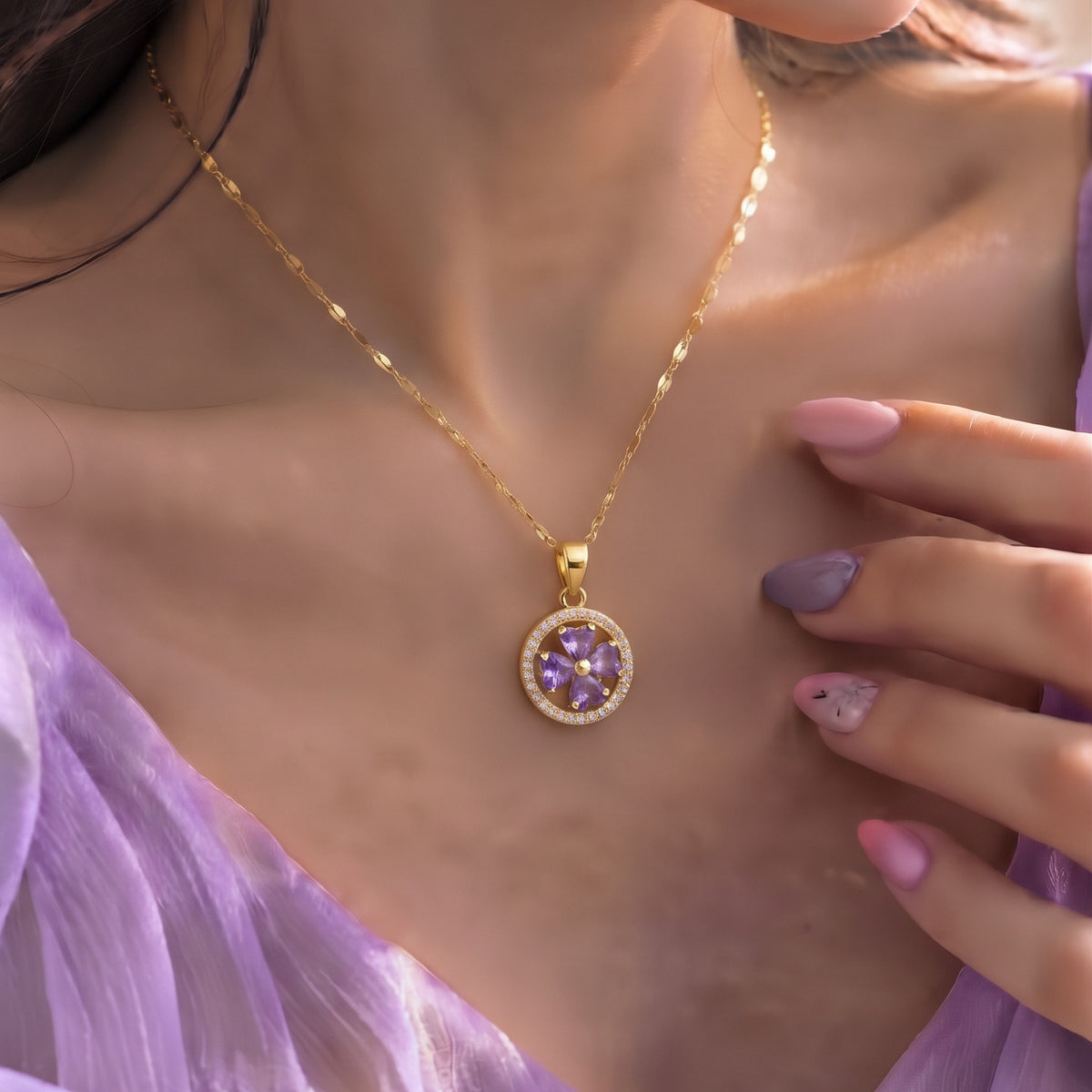 Purple Flower Halo Pendant Necklace, worn