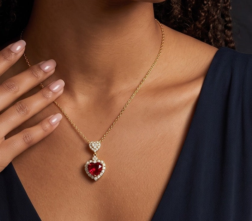 Red Heart Halo Pendant Necklace, worn