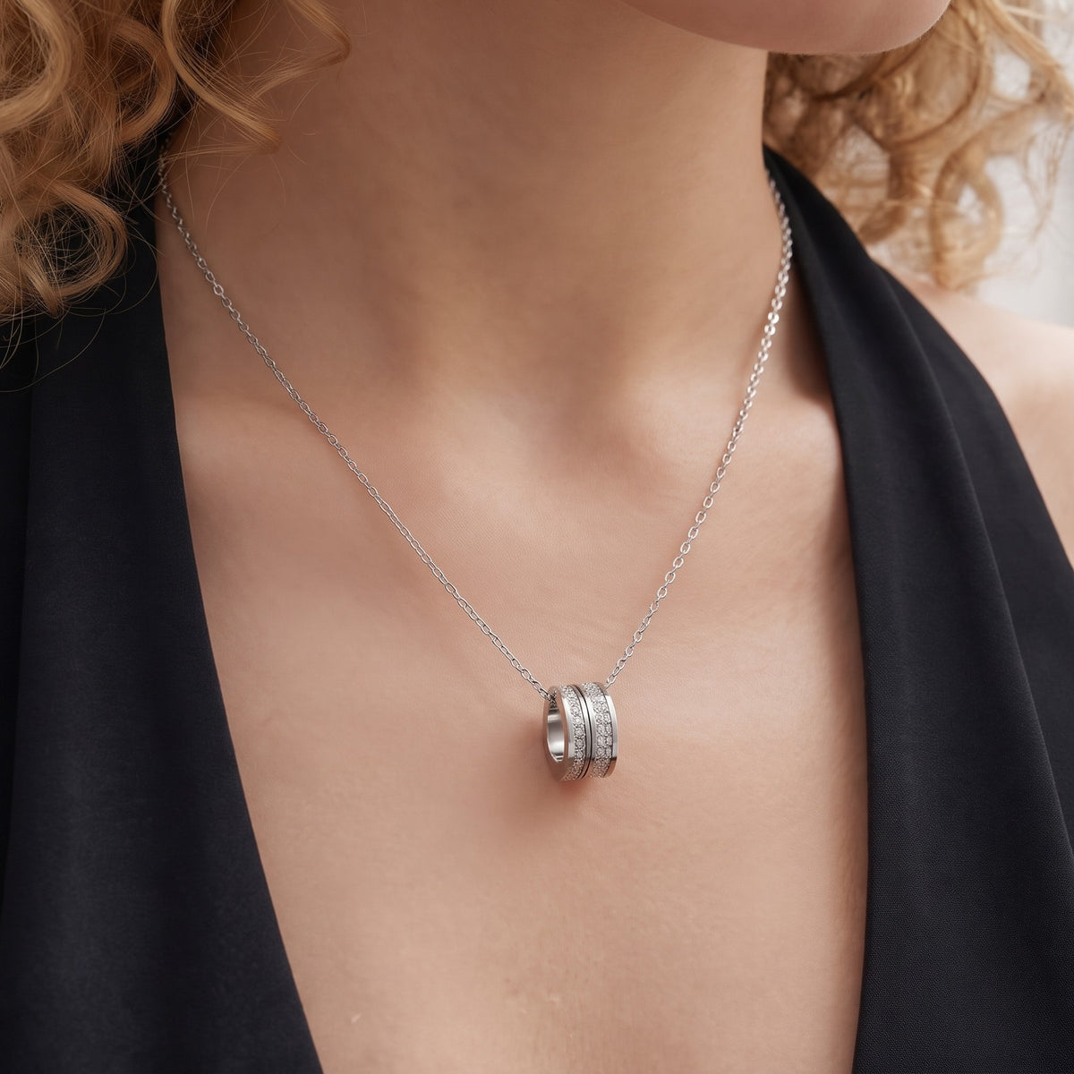 Silver pave barrel pendant necklace, worn